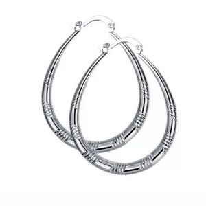 Sterling Silver 925 Textured Oval Hoop Earrings